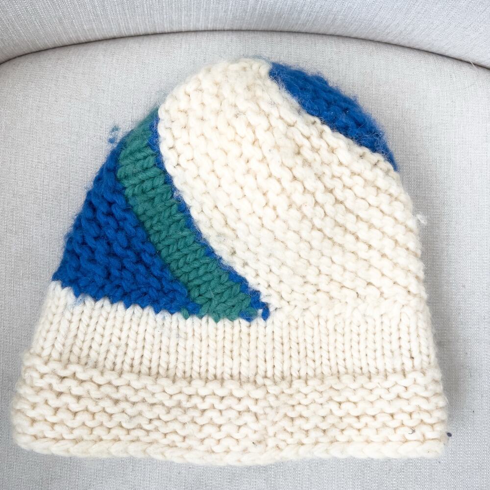 Bogner Beanie Hat Chunky Knit Retro Vintage Ivory Blue Green Germany Ski Winter